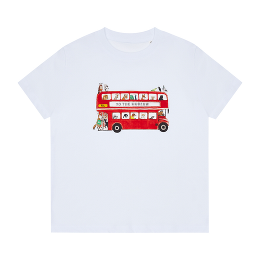 A white kids t-shirt featuring a red London bus on the front.